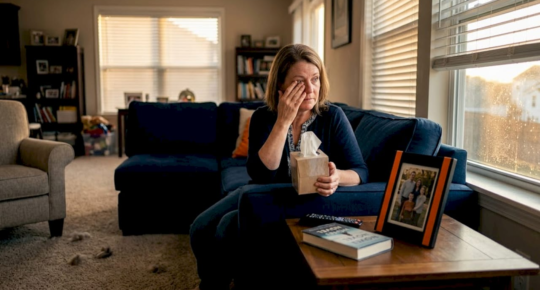 Woman reacts to allergens in living room