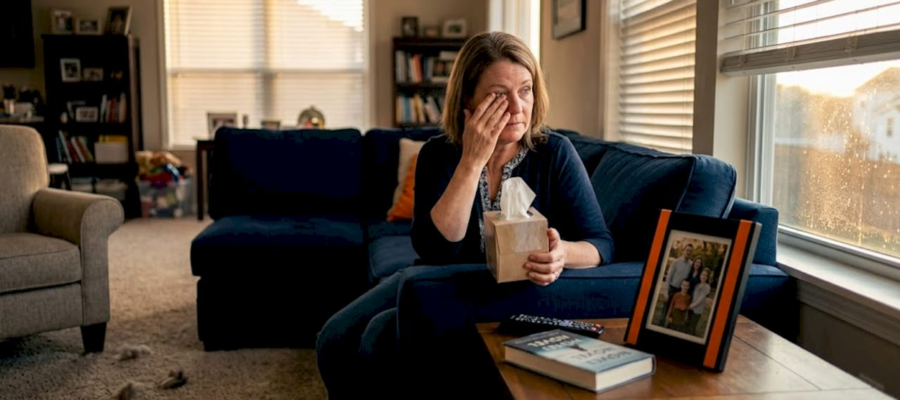 Woman reacts to allergens in living room
