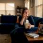 Woman reacts to allergens in living room