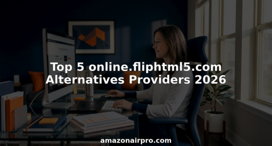 Hero banner: woman at a desk using a desktop computer; bold overlay text reads 'Top 5 online.fliphtml5.com Alternatives Providers 2026' with amazonairpro.com watermark.