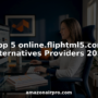 Hero banner: woman at a desk using a desktop computer; bold overlay text reads 'Top 5 online.fliphtml5.com Alternatives Providers 2026' with amazonairpro.com watermark.