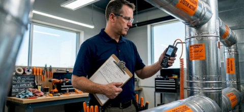 Facility manager inspecting commercial ductwork