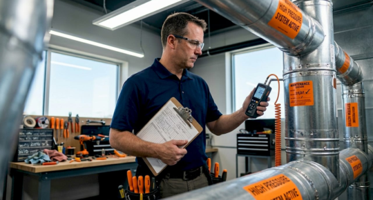 Facility manager inspecting commercial ductwork