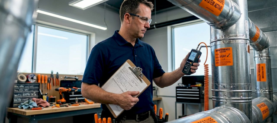 Facility manager inspecting commercial ductwork