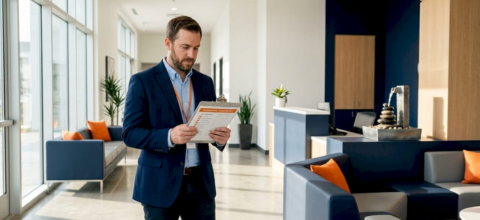 Property manager reviewing lobby cleaning checklist
