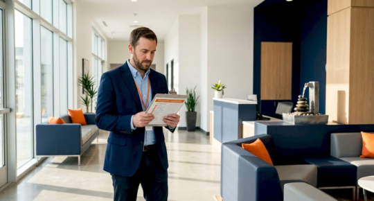 Property manager reviewing lobby cleaning checklist