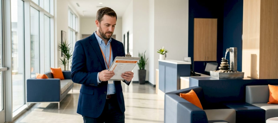 Property manager reviewing lobby cleaning checklist