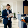 Property manager reviewing lobby cleaning checklist
