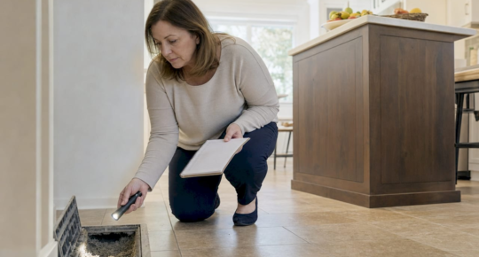 Woman inspecting dusty air duct at home