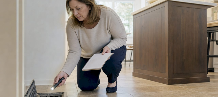 Woman inspecting dusty air duct at home