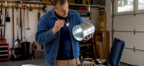 Man in a blue denim jacket inspecting a galvanized metal duct with a flashlight in a garage workshop.