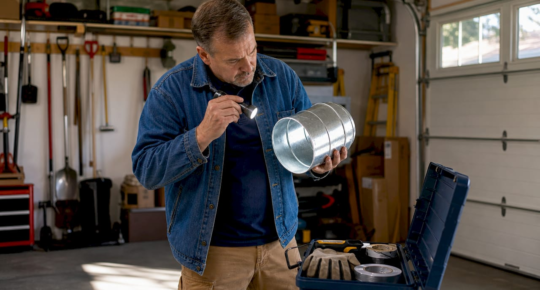 Man in a blue denim jacket inspecting a galvanized metal duct with a flashlight in a garage workshop.