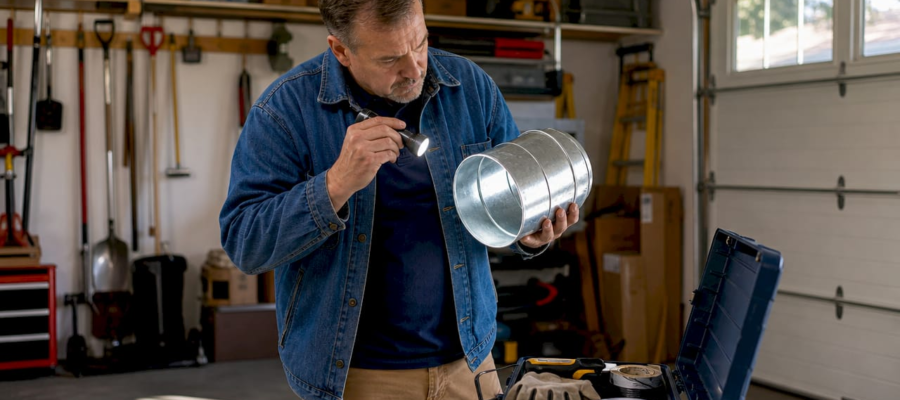 Man in a blue denim jacket inspecting a galvanized metal duct with a flashlight in a garage workshop.