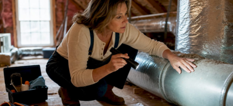 Homeowner inspecting HVAC duct blockage