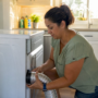 Homeowner inspecting dryer vent hose in laundry room
