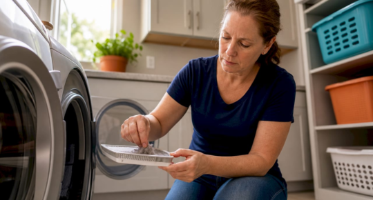 Woman removing lint from dryer lint trap in laundry room