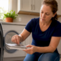 Woman removing lint from dryer lint trap in laundry room