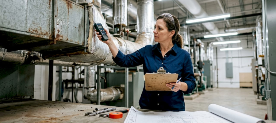 Facility manager inspecting HVAC ductwork