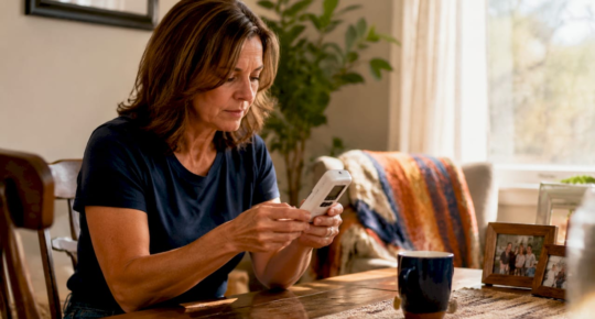 Woman checking indoor air quality monitor at home
