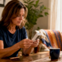 Woman checking indoor air quality monitor at home