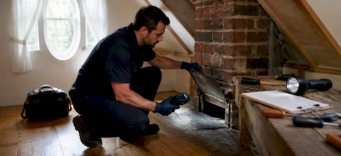Inspector checking chimney with CO detector