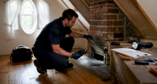 Inspector checking chimney with CO detector