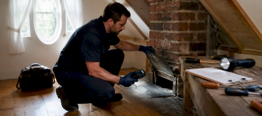 Inspector checking chimney with CO detector