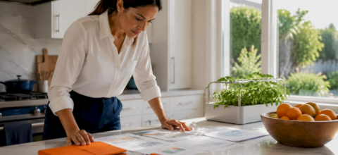 Scientist reviewing indoor air quality reports at home