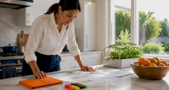 Scientist reviewing indoor air quality reports at home