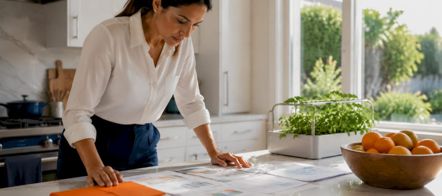 Scientist reviewing indoor air quality reports at home