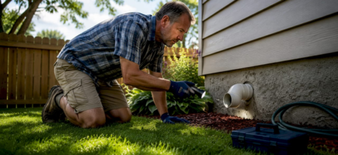 Homeowner inspecting roof vent with flashlight