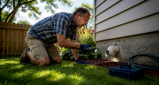 Homeowner inspecting roof vent with flashlight