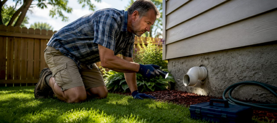 Homeowner inspecting roof vent with flashlight