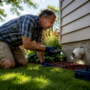 Homeowner inspecting roof vent with flashlight