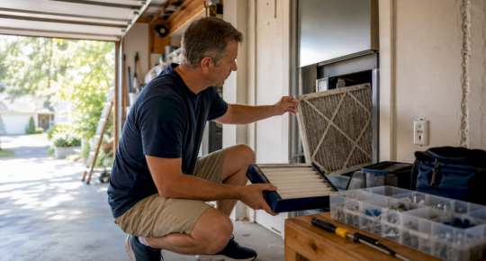 Homeowner replacing HVAC air filter at furnace unit