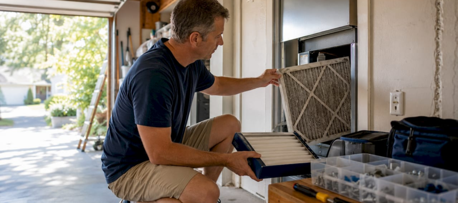 Homeowner replacing HVAC air filter at furnace unit