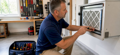 Homeowner replacing HVAC air filter in basement