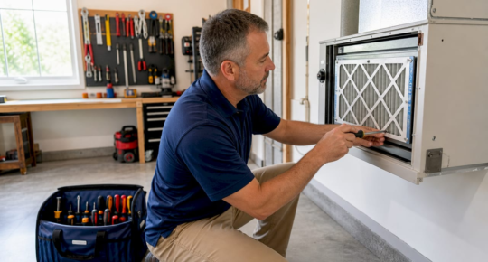 Homeowner replacing HVAC air filter in basement