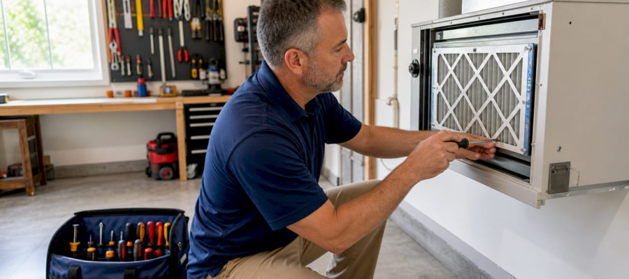Homeowner replacing HVAC air filter in basement