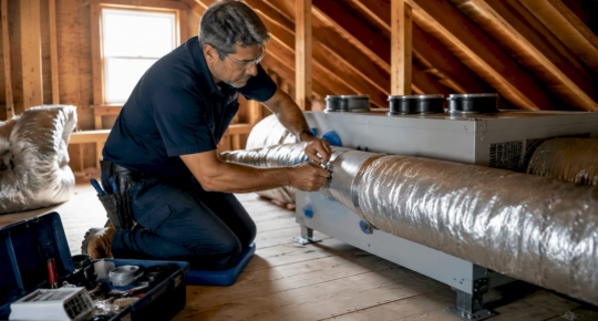 Technician installing home ventilation system