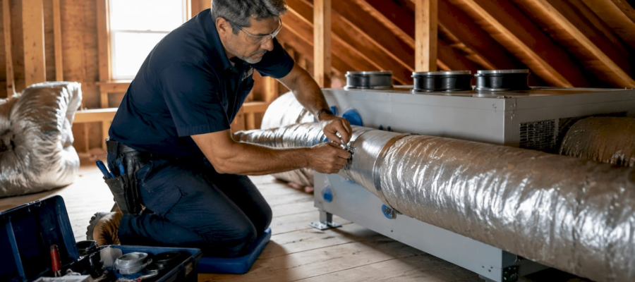 Technician installing home ventilation system