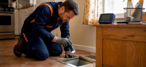 Male technician in a blue and orange uniform kneels on a tiled kitchen floor, shining a flashlight into an open floor vent near a wooden island.