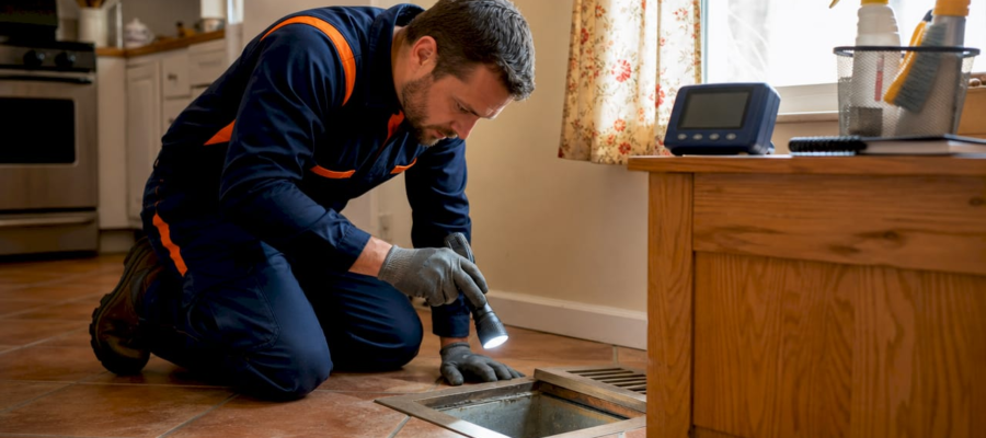 Male technician in a blue and orange uniform kneels on a tiled kitchen floor, shining a flashlight into an open floor vent near a wooden island.