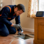 Male technician in a blue and orange uniform kneels on a tiled kitchen floor, shining a flashlight into an open floor vent near a wooden island.