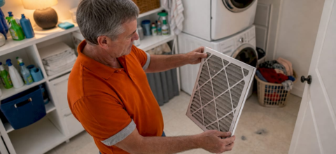 Man inspecting air filter in basement