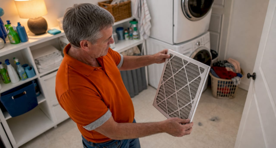 Man inspecting air filter in basement