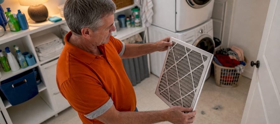 Man inspecting air filter in basement