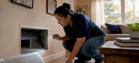 Woman inspecting residential HVAC air duct