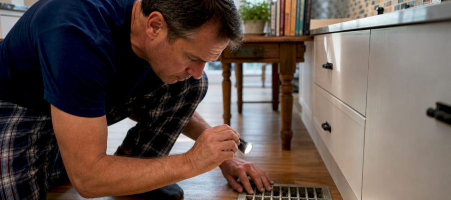 Man inspecting dust inside home air vent