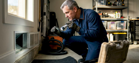 HVAC technician inspecting air ducts in home utility room